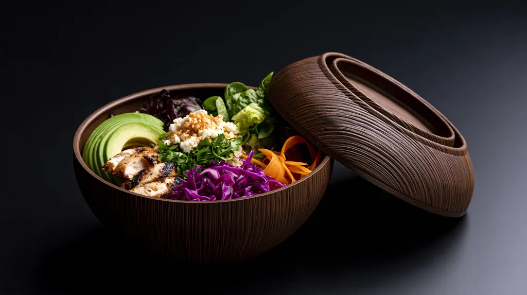 A composed grain bowl with grilled chicken, avocado, purple cabbage, carrots and herbs in a dark faux wood grain molded fiber bowl on a black studio background.