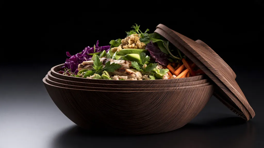 A BC Bowls grain bowl in nested faux wood grain fiber bowls with the lid leaning against it.