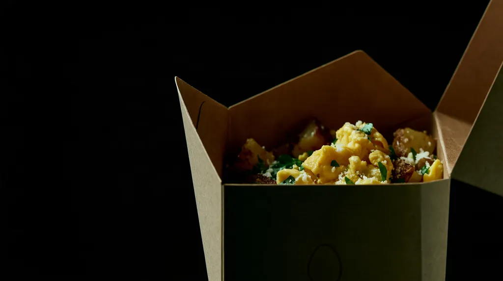 An open kraft fiber box of soft scrambled eggs and crispy potatoes with herbs, photographed on black.