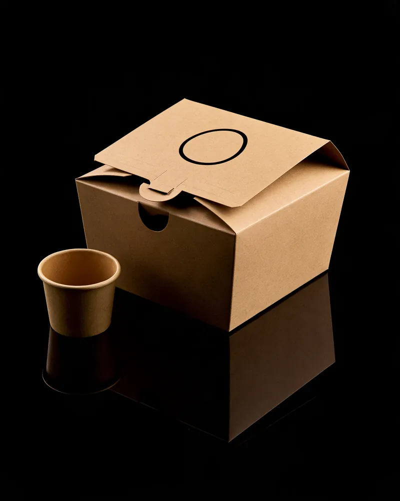 The Egg Company folded kraft fiber box, closed, with a small compostable topping cup.