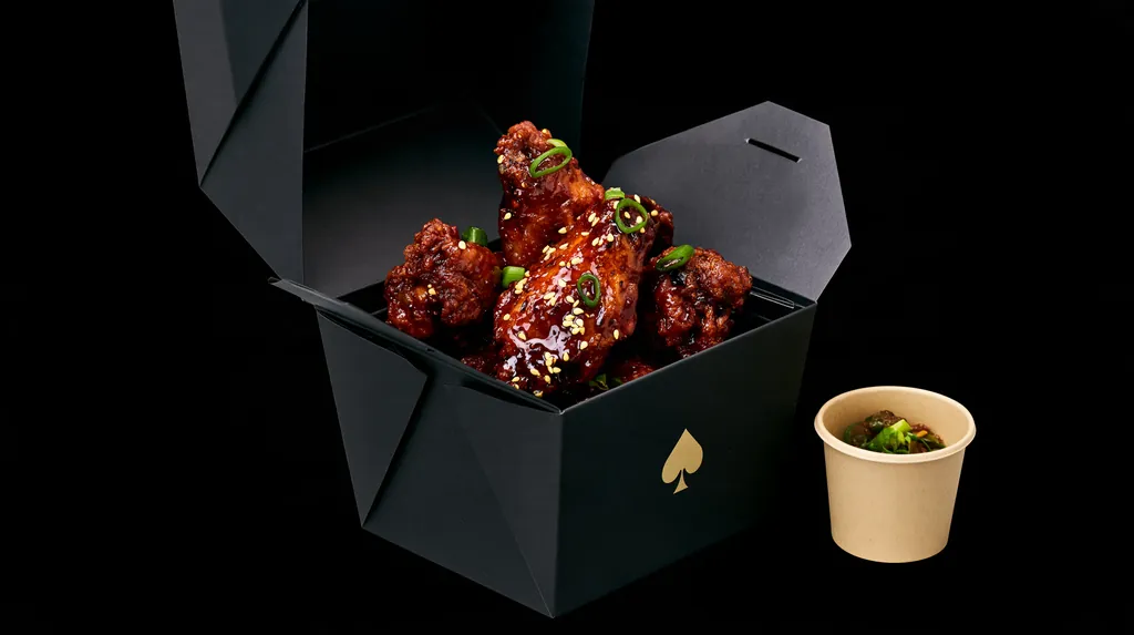 Lacquered crispy wings with a glossy chili glaze, sesame and scallions in a black folded fiber box with a small gold spade mark, on a black studio background.