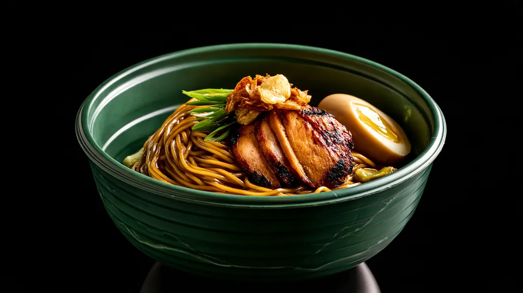 A jade green bowl of noodles with sliced charred protein, scallion, crispy garlic and a soft egg, photographed alone on black.