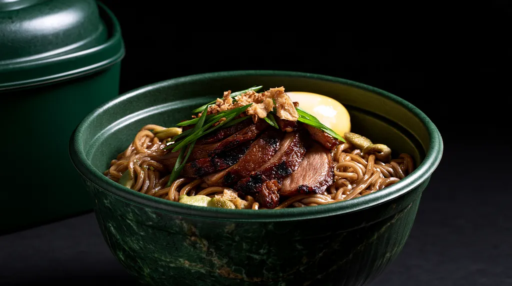 A deep jade green fiber bowl of glossy noodles with charred sliced protein, scallions, crispy garlic and a soft egg on a black studio background.