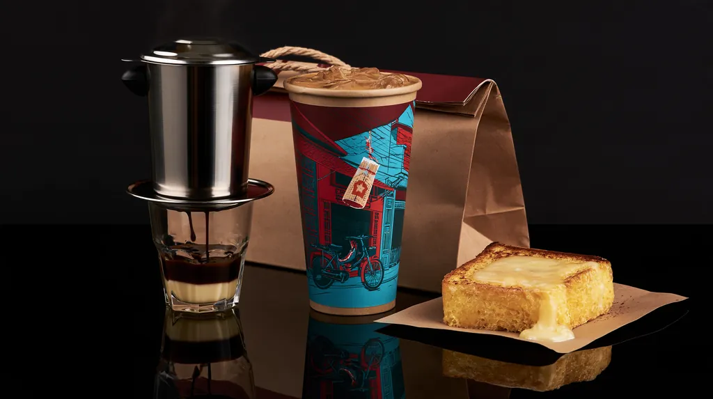 A steel phin filter dripping coffee over condensed milk beside an iced coffee in a kraft cup printed with a red and blue Saigon street illustration, with thick condensed-milk toast and a kraft carrier.
