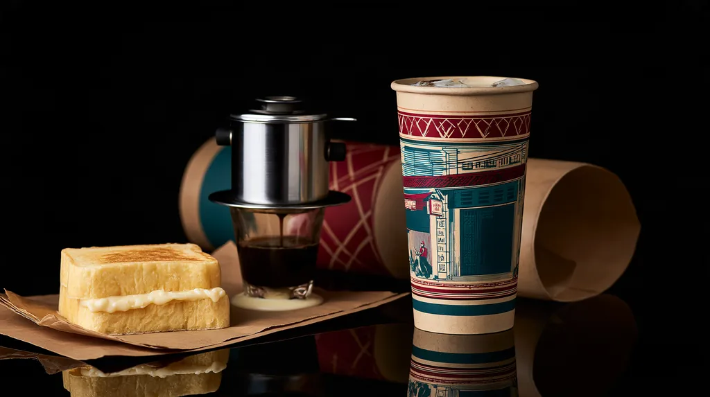 A phin filter, an iced coffee in a red and blue illustrated kraft cup, and thick toast with condensed milk on kraft paper.