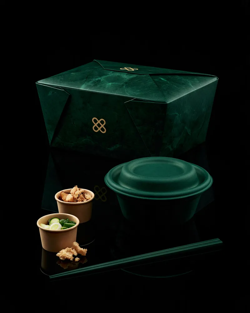 Jade Noodle jade-textured green box and molded fiber bowl.