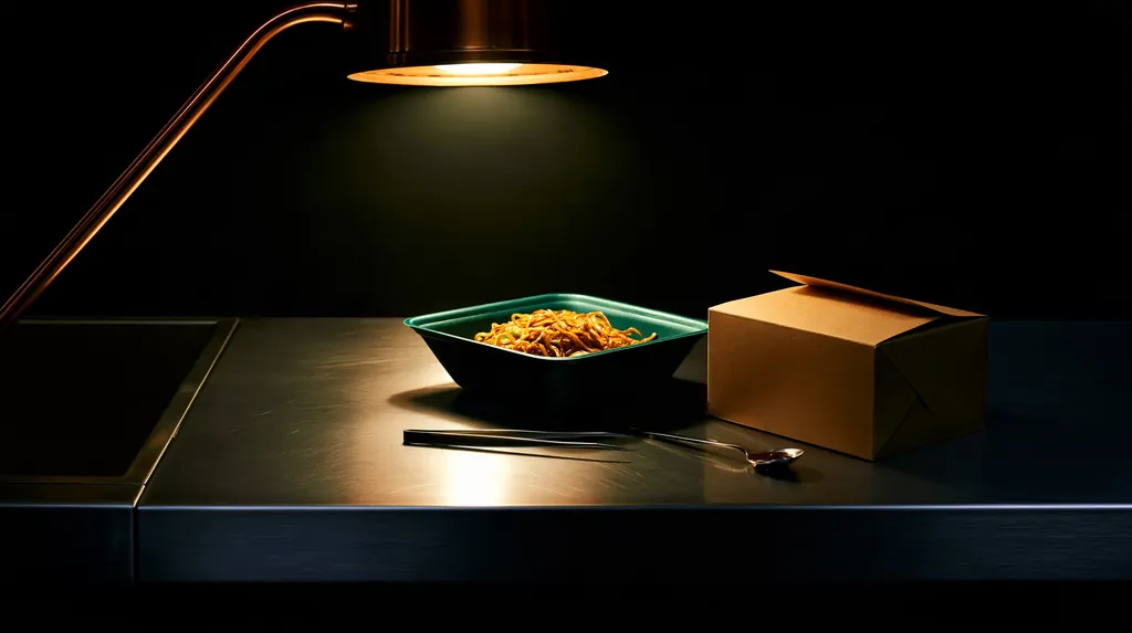 A jade green fiber bowl of noodles and a kraft fiber box being finished on a stainless steel kitchen pass under a single heat lamp.